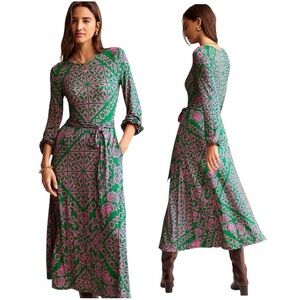 BODEN Women's Placement Print Jersey Dress Green Mosaic Terrace Size 10
